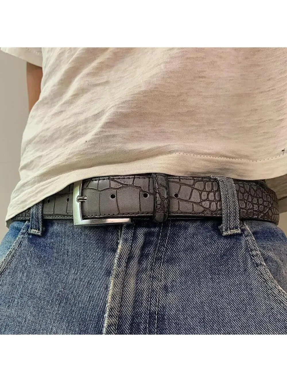 Vintage Y2K Style Grey Crocodile Print Leather Belt